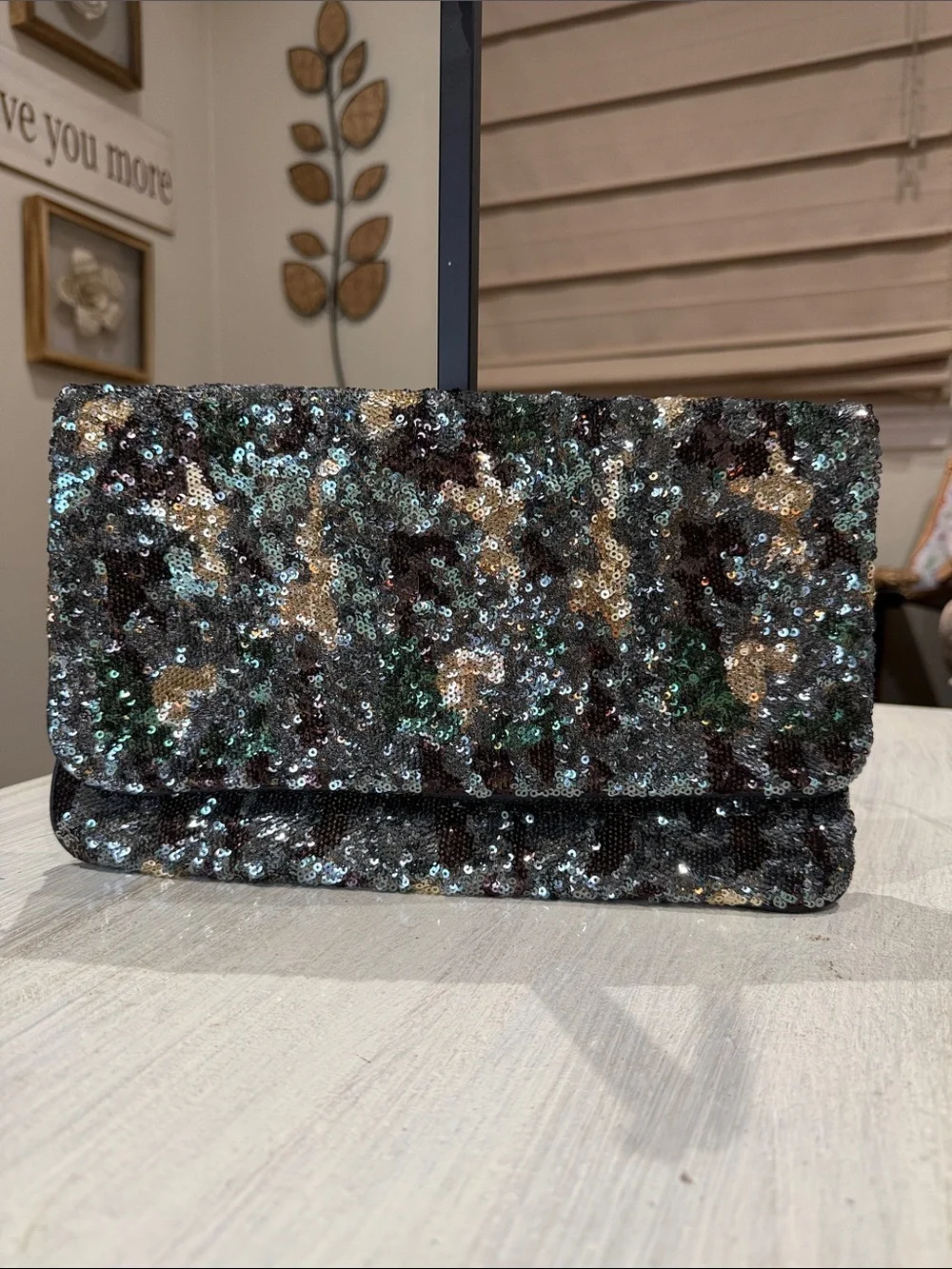 BCBGMaxAzria Camouflage Sequin Fold-Over Clutch in Black, Gold, Green